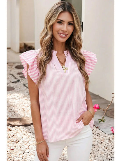 Pink Striped Flutter Sleeve Blouse