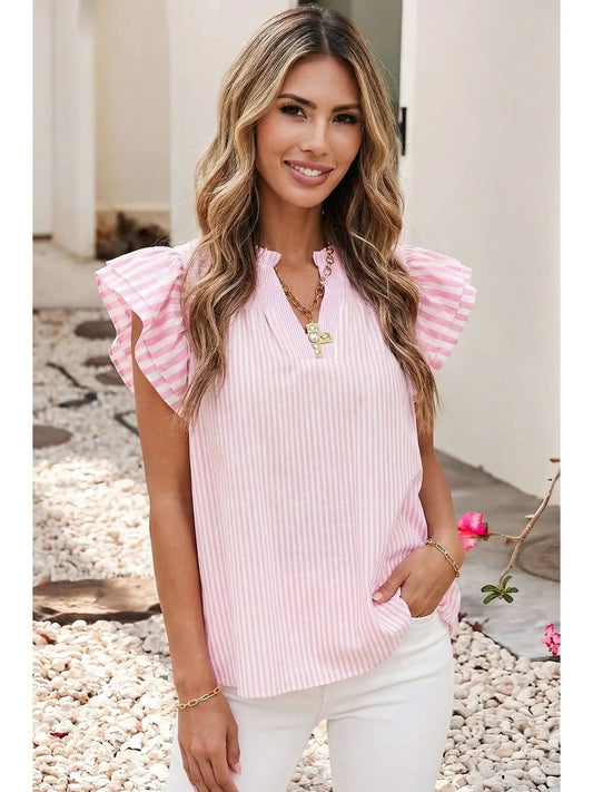 Pink Striped Flutter Sleeve Blouse